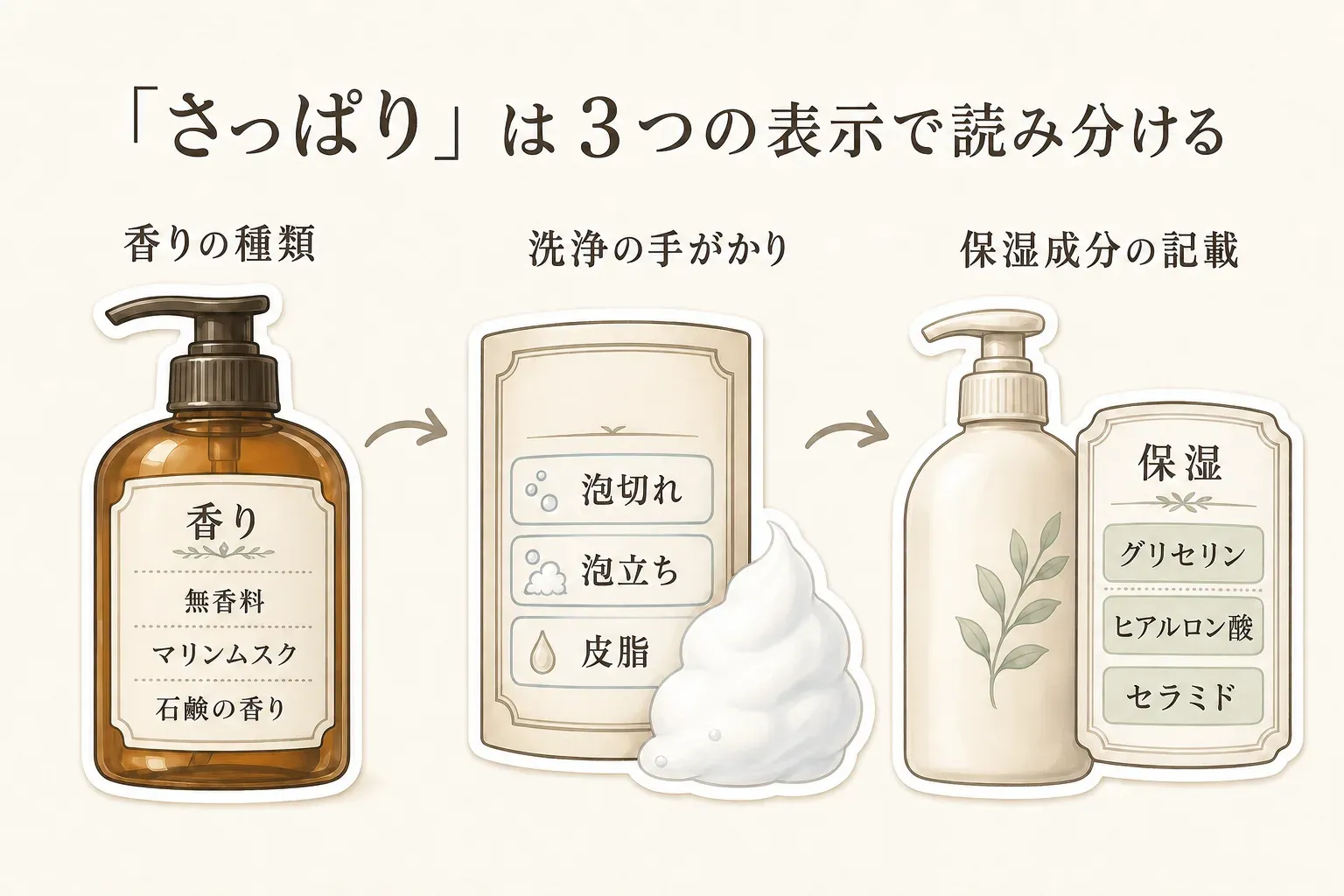 「さっぱり」は3つの表示で読み分ける図。無香料・マリンムスク・石鹸の香りなどの香りの種類、泡切れ・泡立ち・皮脂などの洗浄の手がかり、グリセリン・ヒアルロン酸・セラミドなどの保湿成分の記載を、ボトルとラベルのイラストで示している。