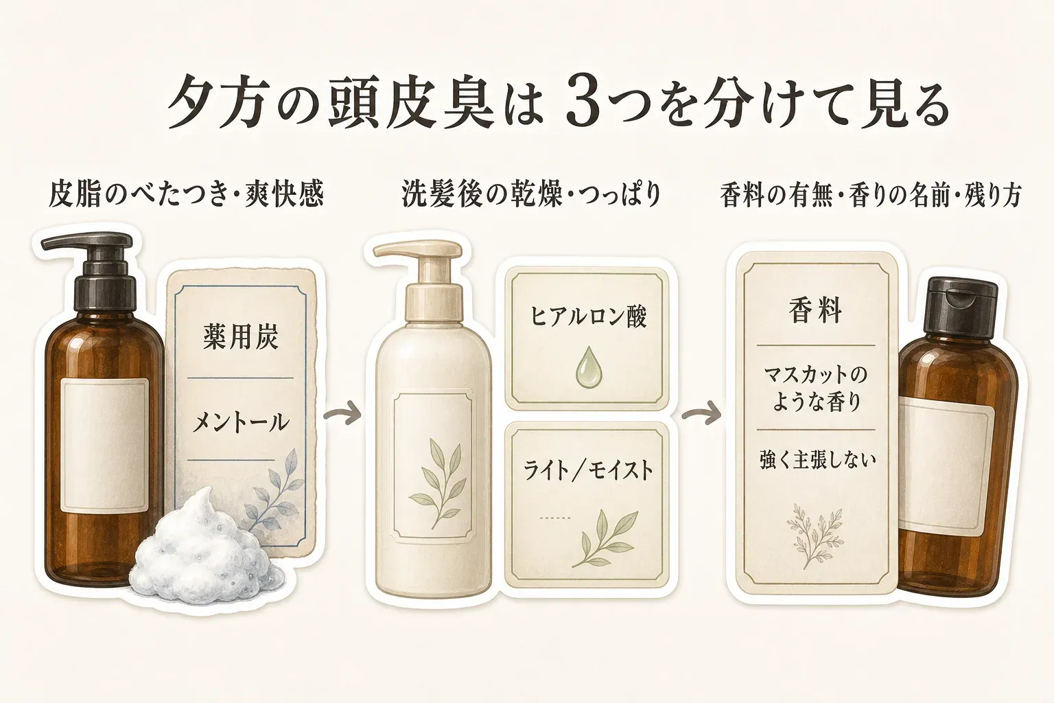 夕方の頭皮臭を選び分ける3つの軸を示す図。皮脂のべたつき・爽快感では薬用炭とメントール、洗髪後の乾燥・つっぱりではヒアルロン酸とライト／モイスト、香りでは香料・マスカットのような香り・強く主張しないという表示例を、シャンプーボトルとラベルで示している。