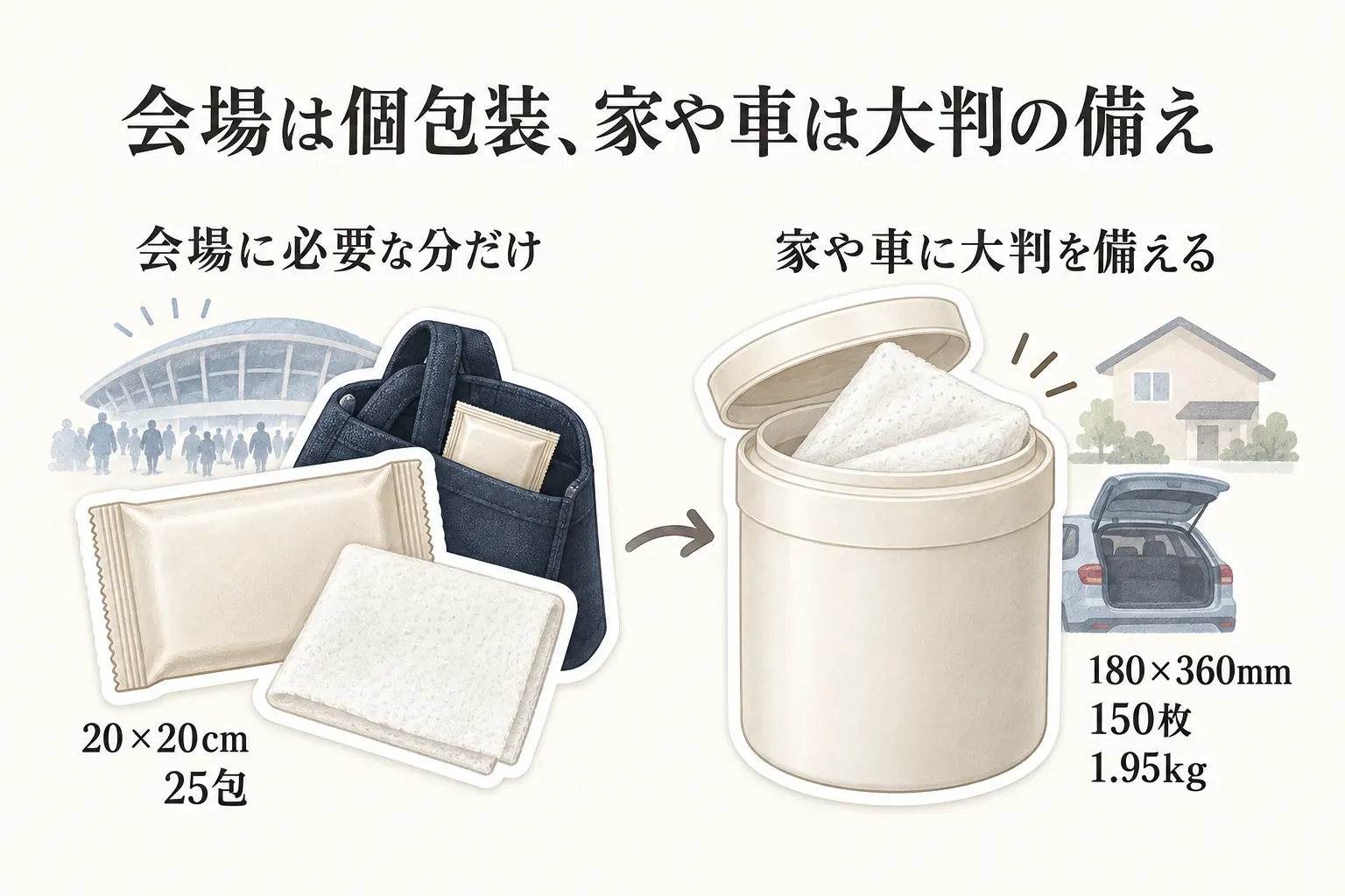 会場では個包装、家や車では大判を備える使い分けを示す図。会場には20×20cm・25包の個包装シートを必要な分だけ持ち、家や車には180×360mm・150枚・1.95kgの大判シートを備えることを、会場、ポーチ、バケツ型容器、家、車のイラストで比較している。