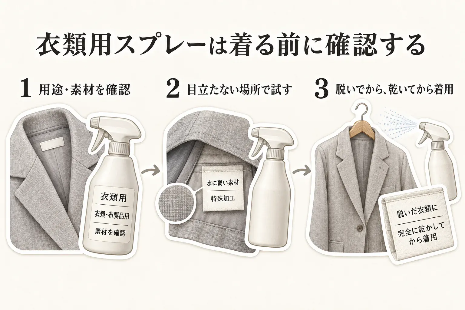 衣類用スプレーを着る前に確認する3段階の図。1は衣類用・衣類と布製品用の用途と素材を確認する、2は水に弱い素材や特殊加工を目立たない場所で試す、3は衣類を脱いでからスプレーし、完全に乾いてから着用する流れを、ジャケットとスプレーのイラストで示している。