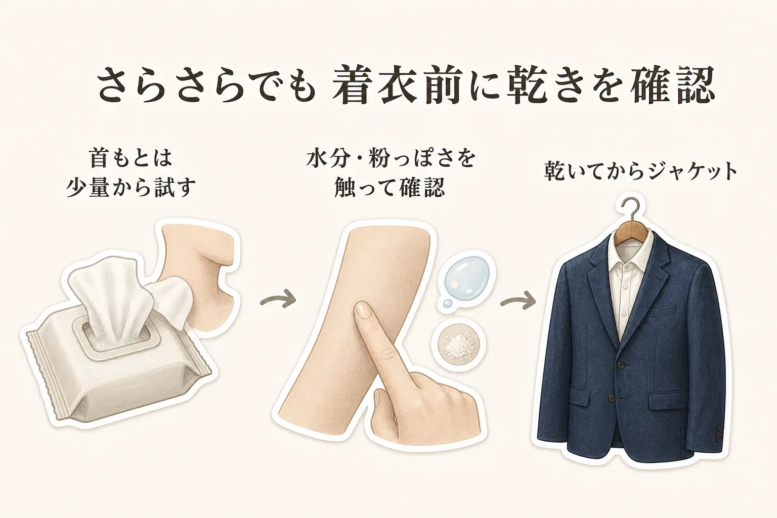 ボディシート使用後にジャケットを着るまでの流れを示す図。首もとを少量から試し、肌を触って水分や粉っぽさが残っていないか確かめ、乾いてからジャケットを着る3段階を、シート・手・ジャケットのイラストで説明している。