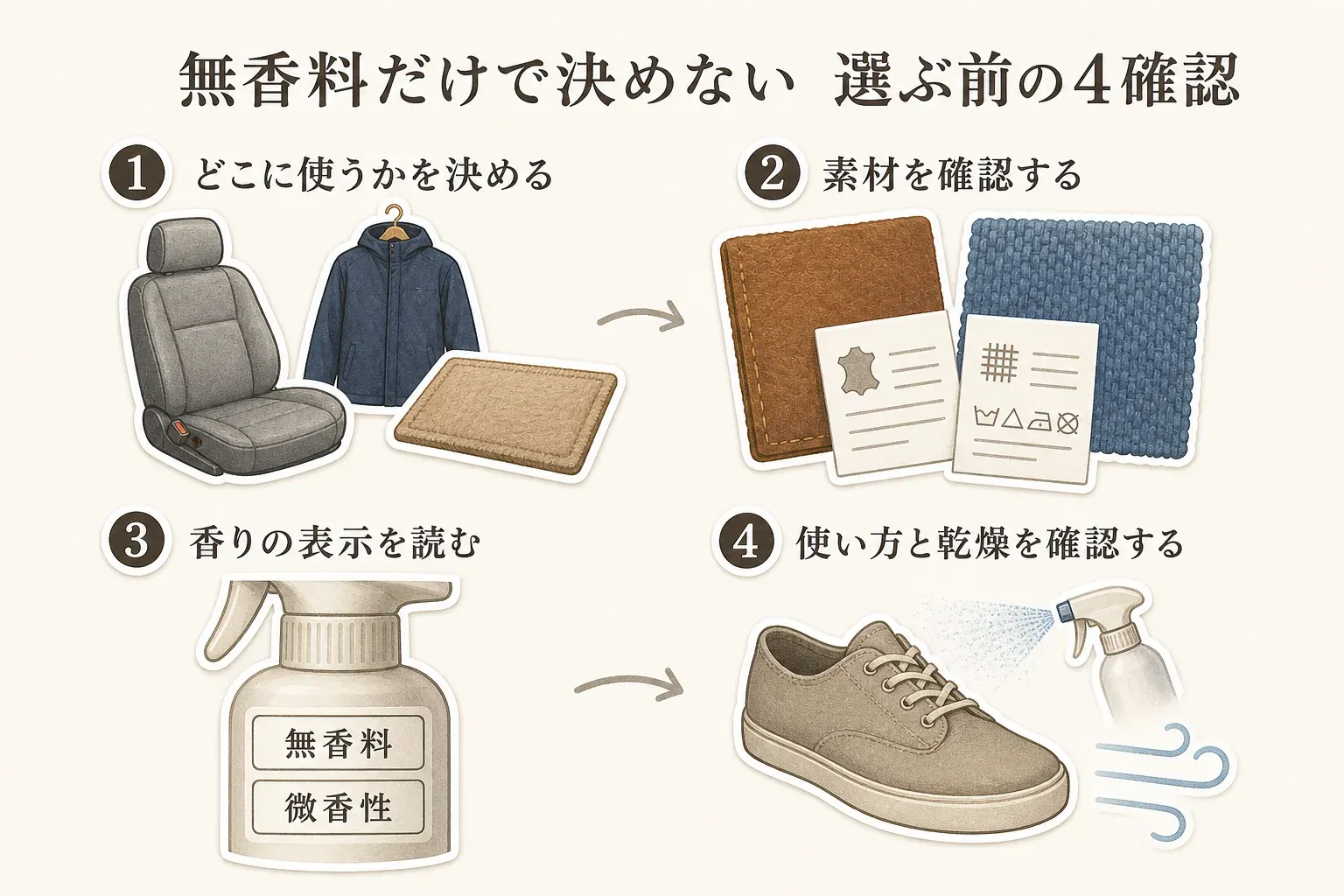 車内・衣類・玄関用の消臭スプレーを選ぶ4つの確認点を示す図。使う場所、革や水に弱い繊維などの素材、無香料・無臭・香料不使用・微香性の表示、スプレー距離と乾燥を順に確認する流れを示している。