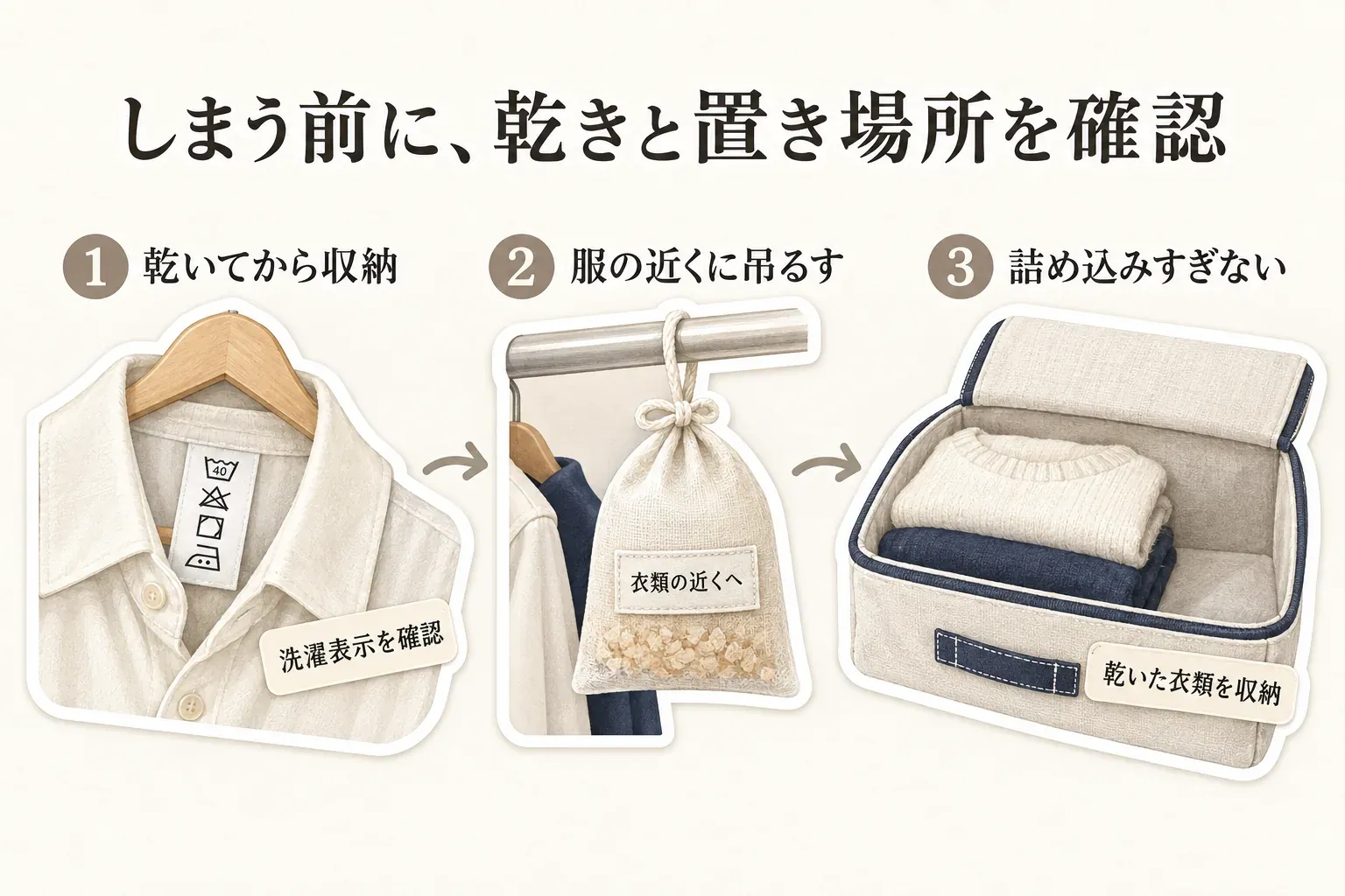 収納前の確認順を3段階で示す図。洗濯表示の付いた衣類を乾かしてから収納し、ハンガーの衣類の近くに吊り下げ型を置き、最後に乾いた衣類を詰め込みすぎない収納ケースへ入れる流れを矢印で示している。