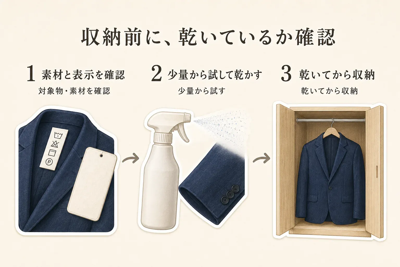 衣類用スプレーを使った後、収納前に乾いているか確認する3段階の図。衣類の素材と表示を確認し、少量から試して乾かし、乾いてからジャケットをクローゼットへ収納する流れを、洗濯表示、スプレーボトル、衣類、クローゼットのイラストで示している。