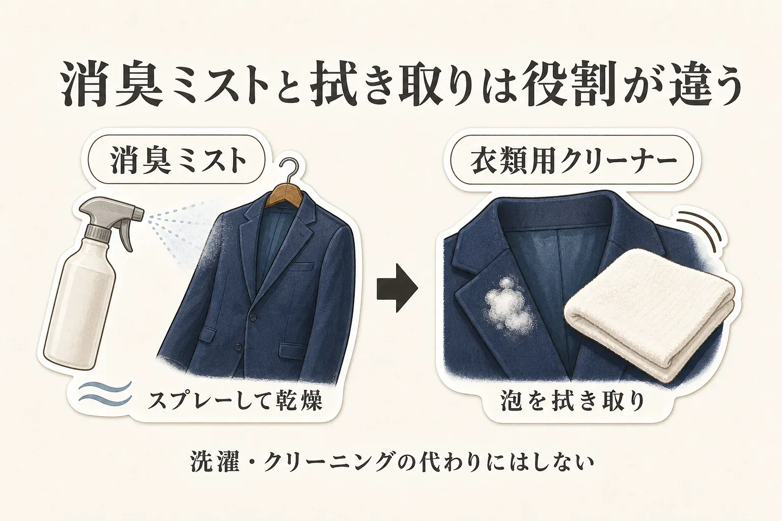 スーツの手入れ方法を比較する図。消臭ミストは衣類にスプレーして乾燥させ、衣類用クリーナーは泡をタオルで拭き取ることを示し、どちらも洗濯・クリーニングの代わりにはしないと説明している。