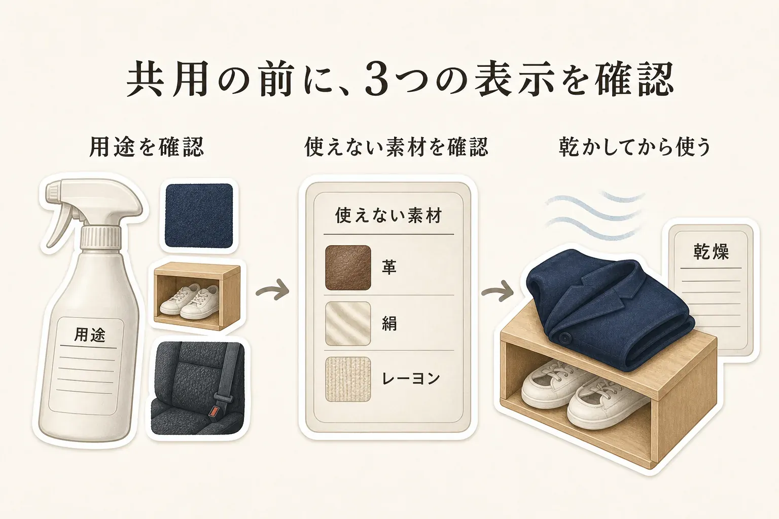 消臭スプレーを衣類・靴箱・車内で共用する前の確認を示す図。用途表示で衣類・靴箱・車内の対象を確認し、革・絹・レーヨンなど使えない素材を確認し、衣類と靴を乾かしてから収納する流れを、スプレーボトル、靴箱、車のシート、ジャケットのイラストで説明している。