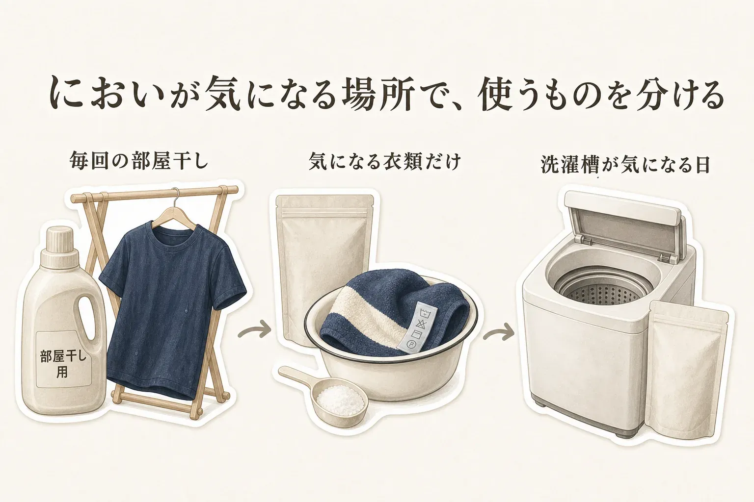においが気になる場面ごとに使うものを分ける図。毎回の部屋干しには部屋干し用洗濯洗剤と干した衣類、気になる衣類だけには洗濯表示付きのタオルと酸素系漂白剤、洗濯槽が気になる日には空の洗濯機と洗濯槽クリーナーを配置している。