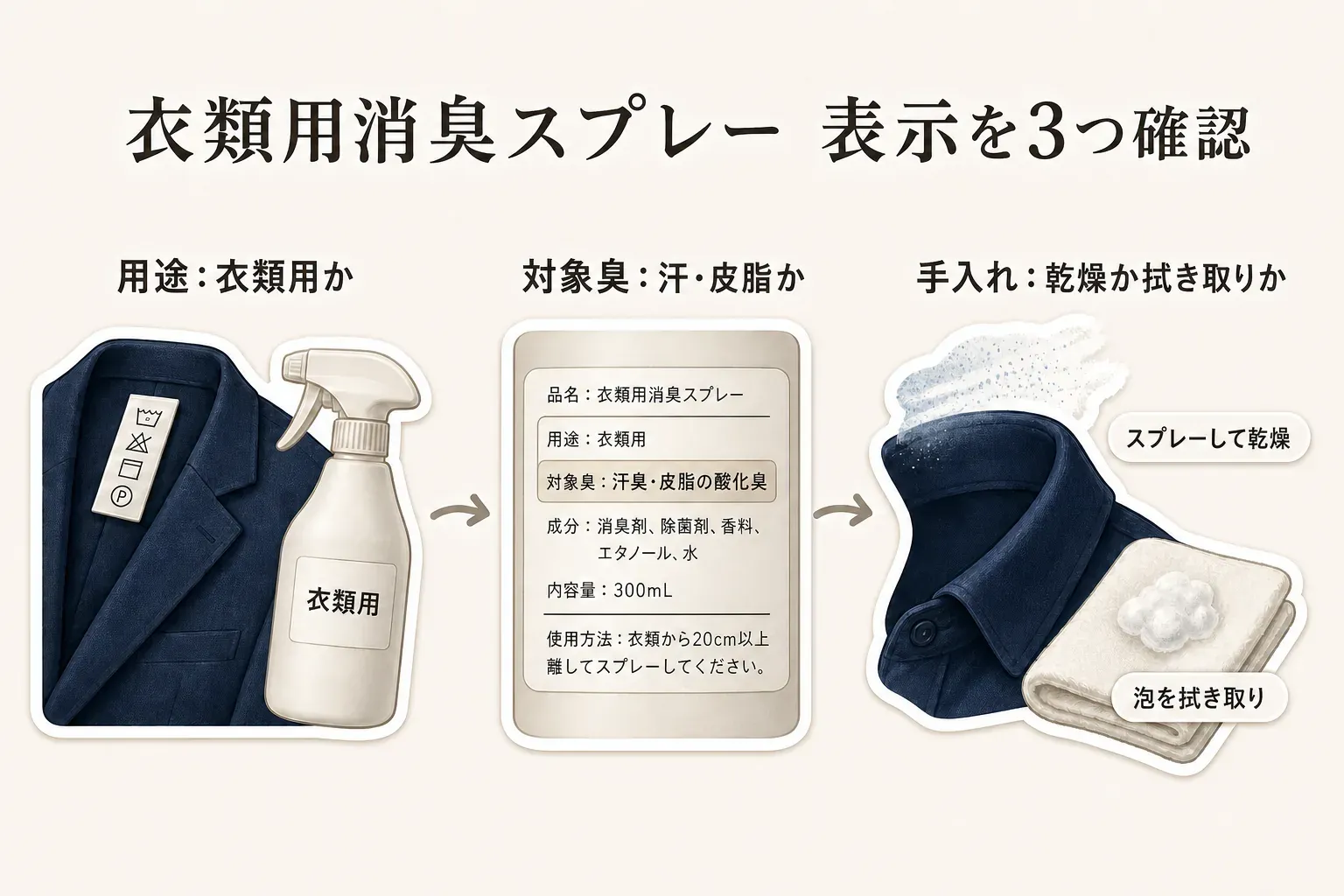 衣類用消臭スプレーの表示を3つ確認する図。用途が衣類用か、対象臭が汗・皮脂か、手入れ方法がスプレーして乾燥か泡を拭き取るかを、ジャケット、商品ラベル、衣類とタオルのイラストで示している。