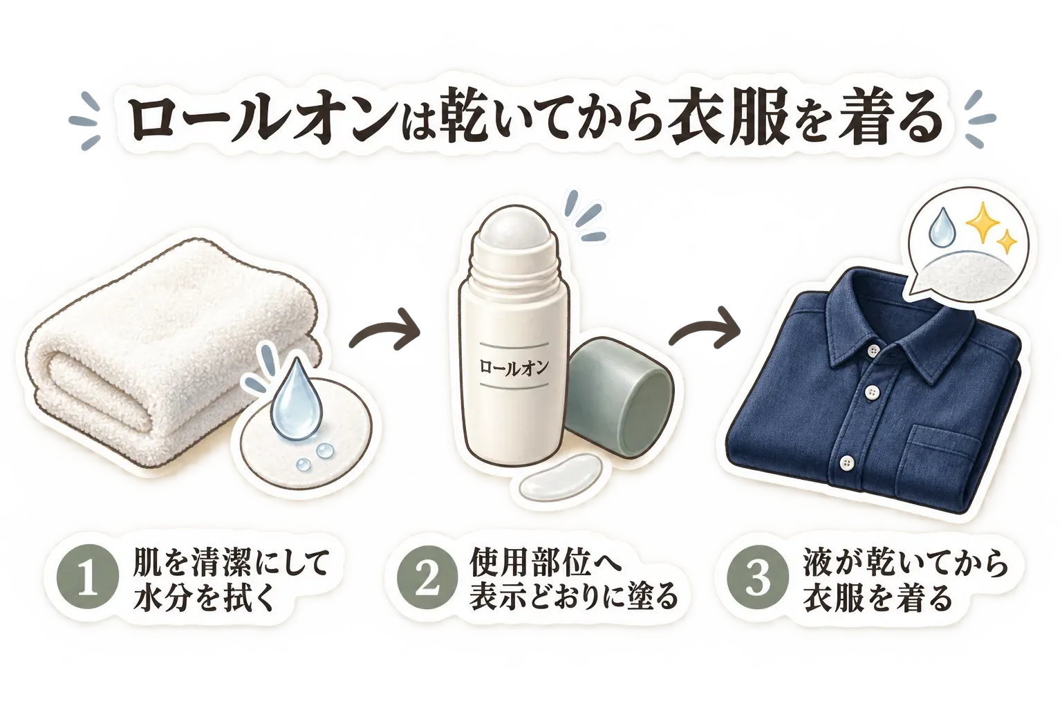 ロールオンを使う手順の図。1は肌を清潔にして水分を拭き取る、2は表示どおりの使用部位へロールオンを塗る、3は液が乾いてから衣服を着る流れを、タオル、ロールオン、シャツのイラストで示している。