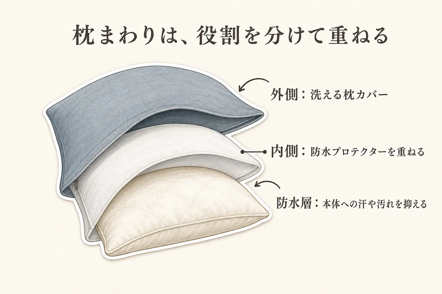 枕まわりの重ね方を示す図。外側は洗える枕カバー、内側は防水プロテクター、本体側の防水層は汗や汚れを抑える役割として、枕の3層を断面で示している。