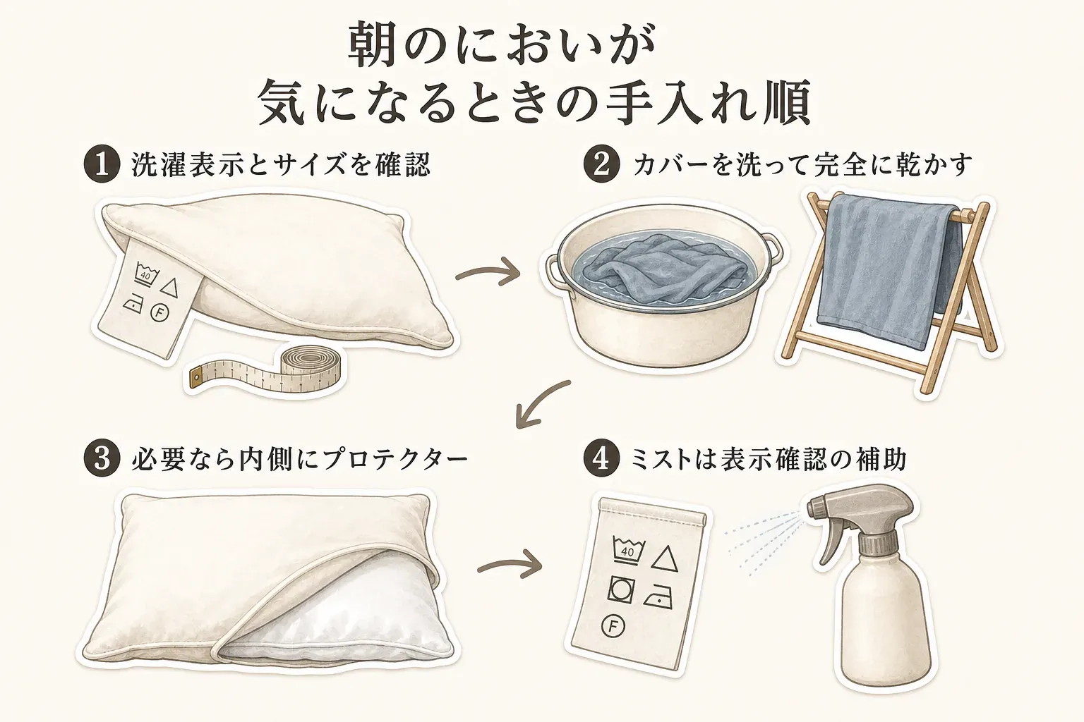 朝の枕まわりのにおいが気になるときの手入れ順を示す図。洗濯表示とサイズを確認し、カバーを洗って完全に乾かし、必要なら内側にプロテクターを重ね、消臭ミストは表示確認のうえ補助として使う4段階を示している。