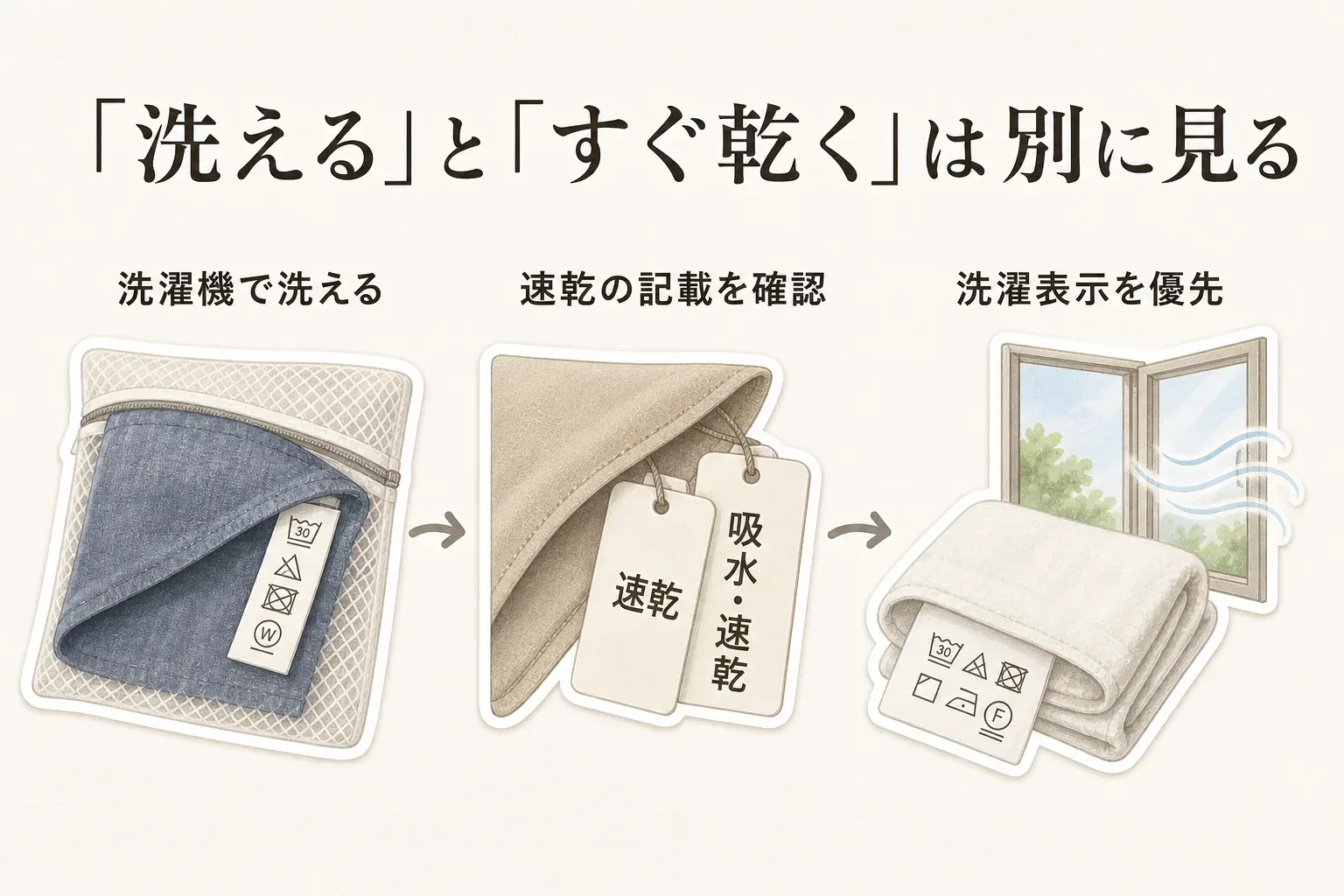 「洗える」と「すぐ乾く」は別に確認することを示す図。洗濯機で洗える表示、速乾・吸水速乾の記載、洗濯表示を優先して干し方や乾燥方法を確認する3段階を描いている。