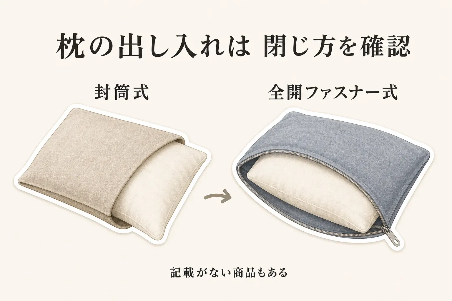 枕カバーの出し入れ方法を比較する図。左に枕を差し込む封筒式、右に大きく開いた全開ファスナー式を示し、商品によって閉じ方の記載がない場合もあることを示している。