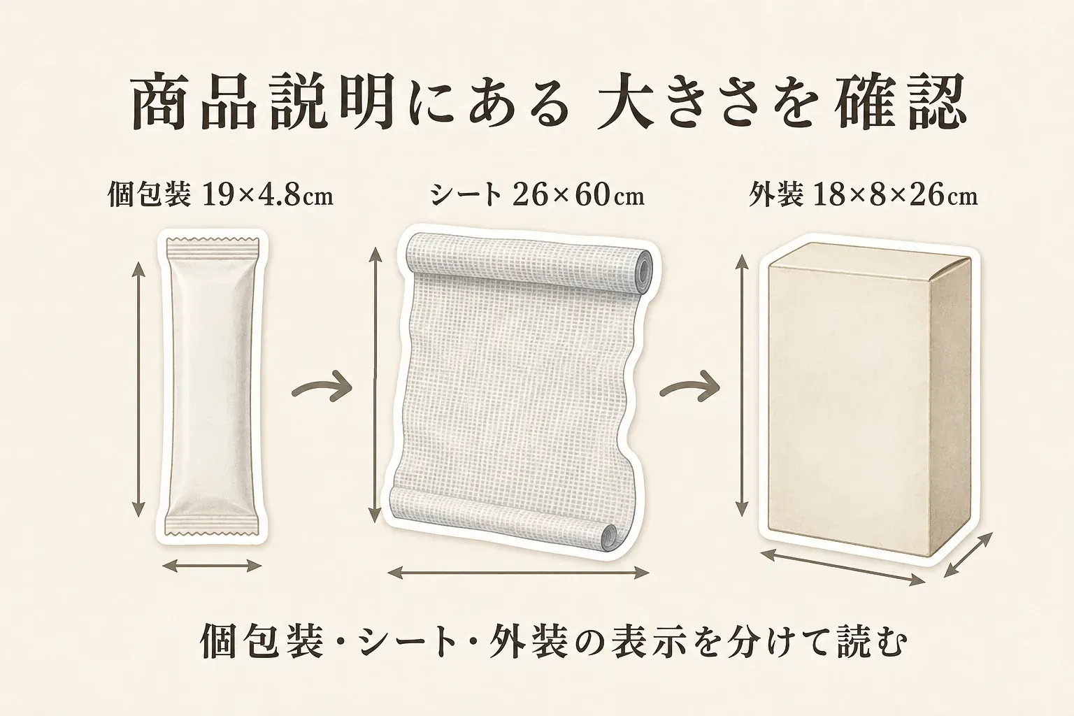 商品説明にあるボディシートの大きさを確認する図。個包装19×4.8cm、シート26×60cm、外装18×8×26cmという表記例をそれぞれのイラストと矢印で示し、個包装・シート・外装の寸法表示を分けて読むよう案内している。
