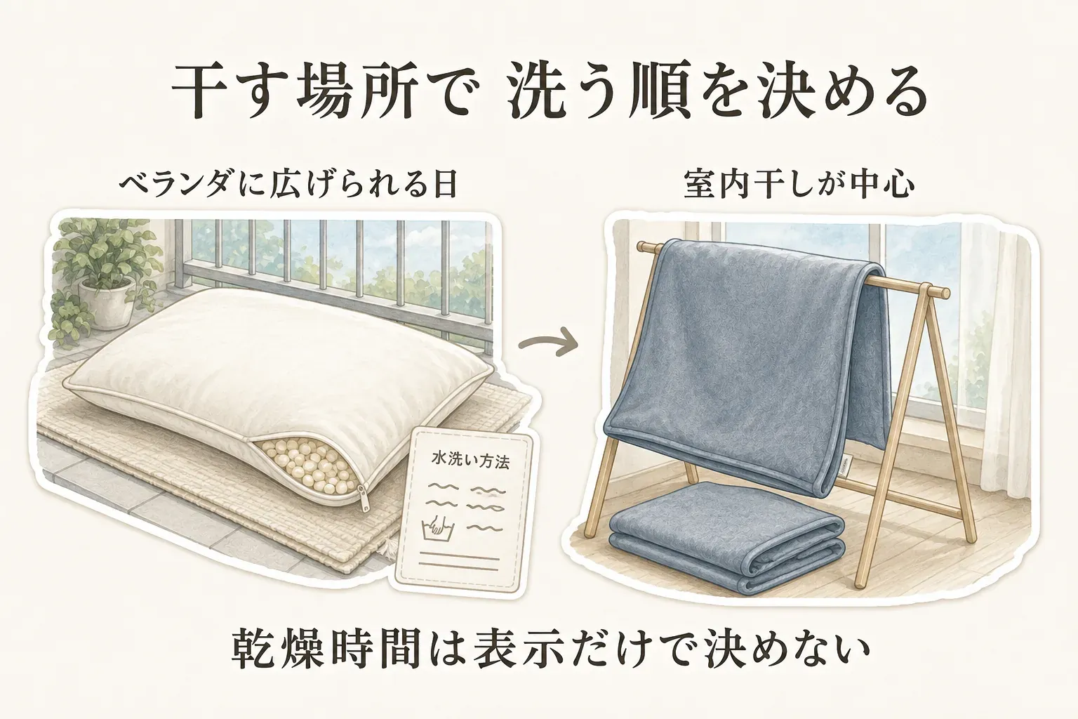 干す場所で洗う順を決める図。ベランダに広げられる日は水洗い方法を確認した枕本体を干し、室内干しが中心なら物干し台にカバー類を干す様子を並べ、乾燥時間は表示だけで決めないことを示している。