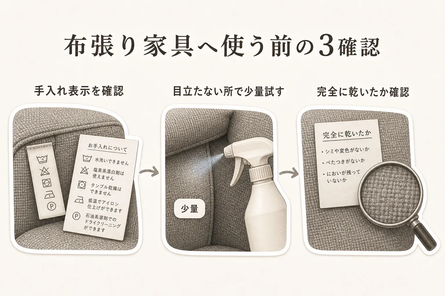 布張り家具へ消臭スプレーを使う前の3確認を示す図。ソファの手入れ表示を確認し、目立たない場所に少量を試し、シミ・変色・べたつき・におい残りがなく完全に乾いたか確認する流れを、ソファとスプレー、拡大鏡のイラストで説明している。